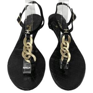 Chanel 09P Quilted Leather‎ Gold Chain Thong Sandals Black Flat EU 38